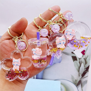 new manufacturer acrylic keyring key chain ring oil floating cartoon creative kawaii cat quicksand liquid keychain