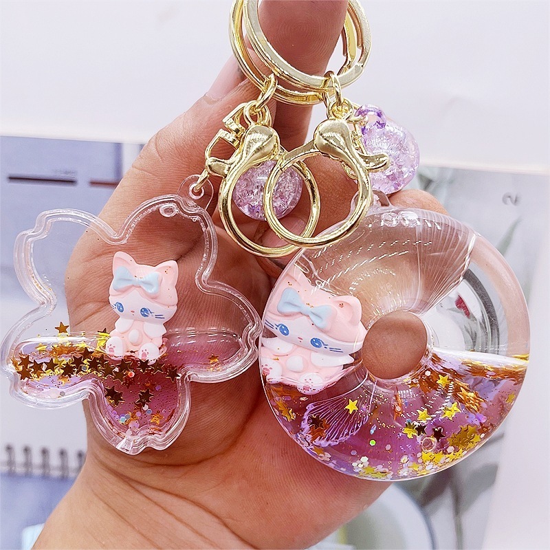 new manufacturer acrylic keyring key chain ring oil floating cartoon creative kawaii cat quicksand liquid keychain