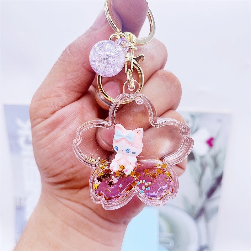 new manufacturer acrylic keyring key chain ring oil floating cartoon creative kawaii cat quicksand liquid keychain