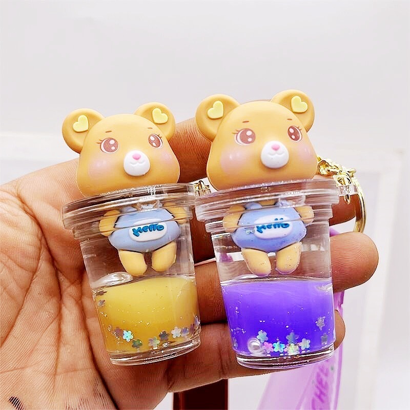 new arrive manufacturer acrylic keyring key chain ring oil floating cartoon creative quicksand milk cup bear liquid keychain