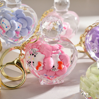 2024 new arrive acrylic keyring key chain ring oil floating cartoon creative kawaii perfume bottle quicksand toy liquid keychain