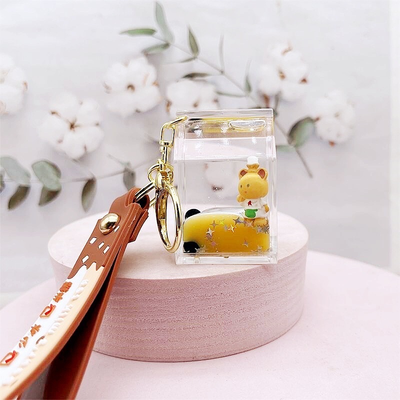 manufacturer acrylic keyring key chain ring oil floating milk boba cup cartoon creative Chef Bear quicksand liquid keychain