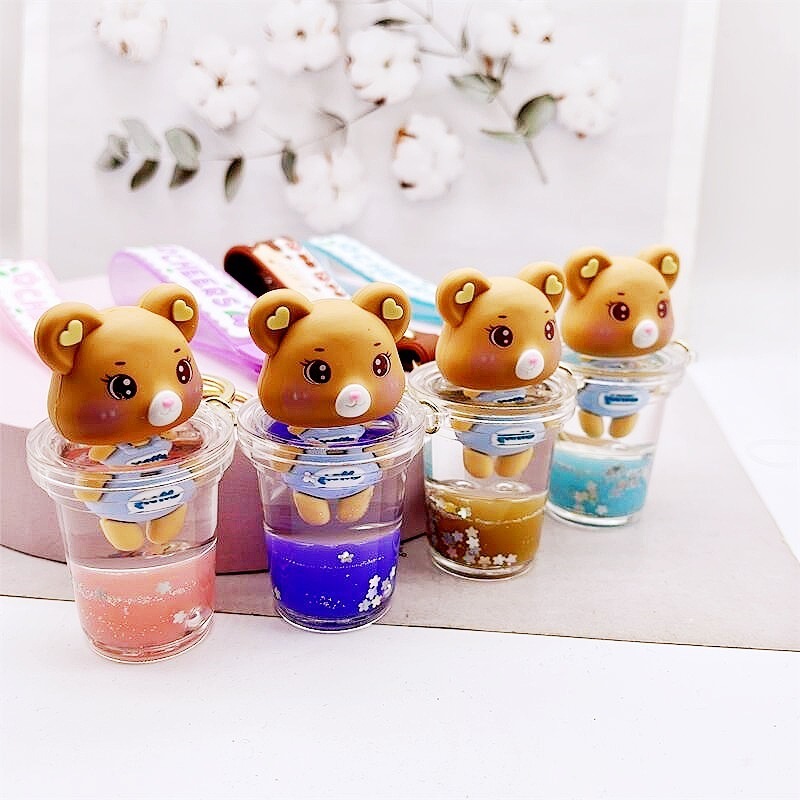 new arrive manufacturer acrylic keyring key chain ring oil floating cartoon creative quicksand milk cup bear liquid keychain