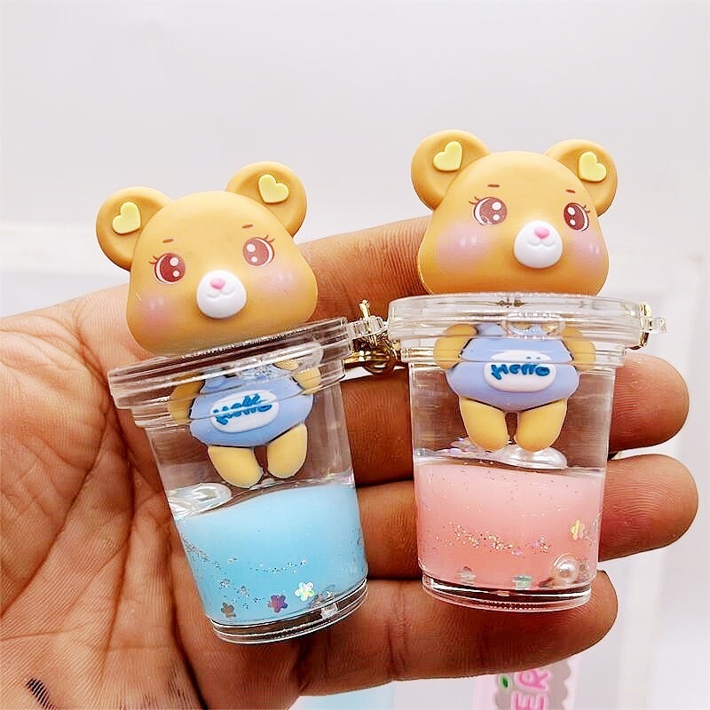 new arrive manufacturer acrylic keyring key chain ring oil floating cartoon creative quicksand milk cup bear liquid keychain