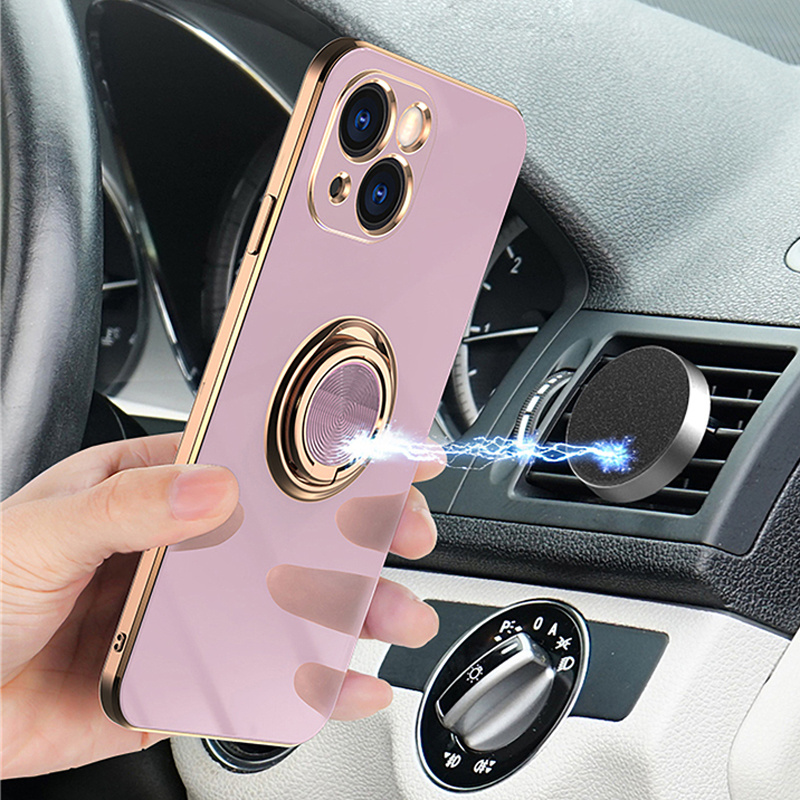 Luxury Plating Magnetic Cell Phone Cover With Ring Holder Silicone Mobile Phone Case For iPhone  15 14 13 12 11 Pro Max XS XR