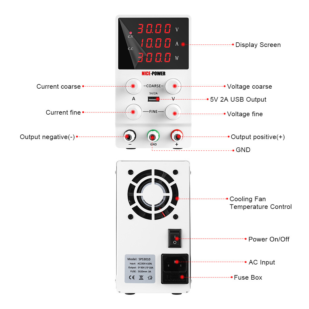 NICE-POWER SPS3010 30V 10A White DC Power Adjustable 4 Bits Voltage Regulator Electroplating Electrolysis Dc Power Supply