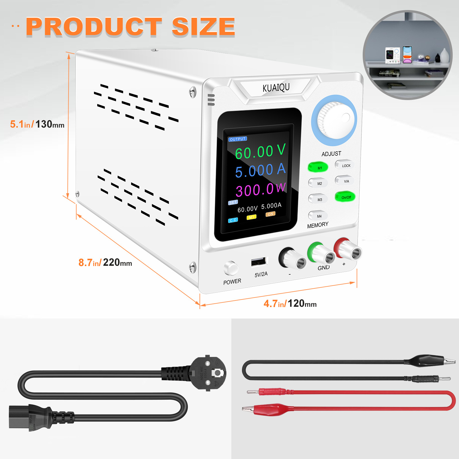 DC Power Supply 60V 5A Adjustable Switching Regulated DC Bench  with 4-Digits LED Power Display 5V/2A USB Output programmable