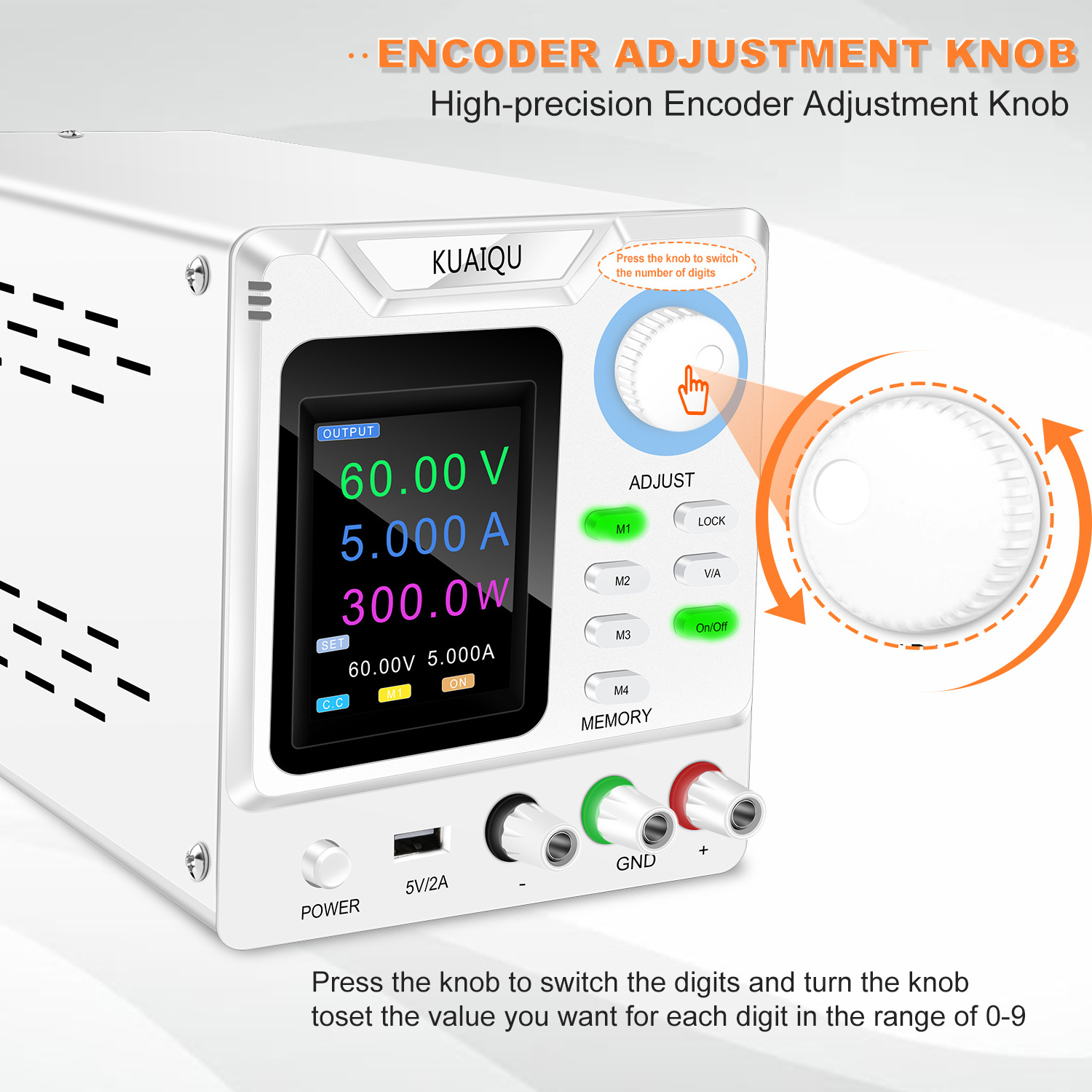 DC Power Supply 60V 5A Adjustable Switching Regulated DC Bench  with 4-Digits LED Power Display 5V/2A USB Output programmable