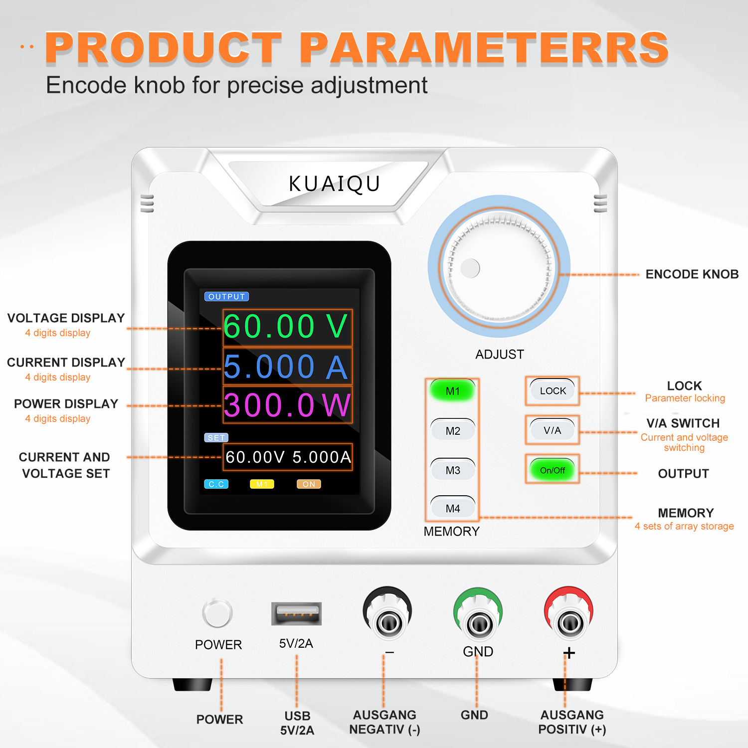 DC Power Supply 60V 5A Adjustable Switching Regulated DC Bench  with 4-Digits LED Power Display 5V/2A USB Output programmable