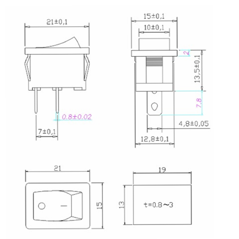 ON-OFF 2Pins 15*21mm KCD1-101 Rocker switch