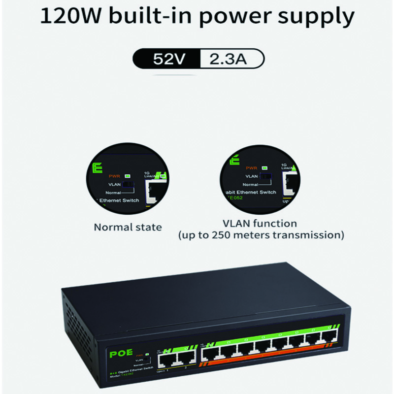 52V Full gigabit 8 + 2 ports unmanaged POE network switch with LED indication for each port