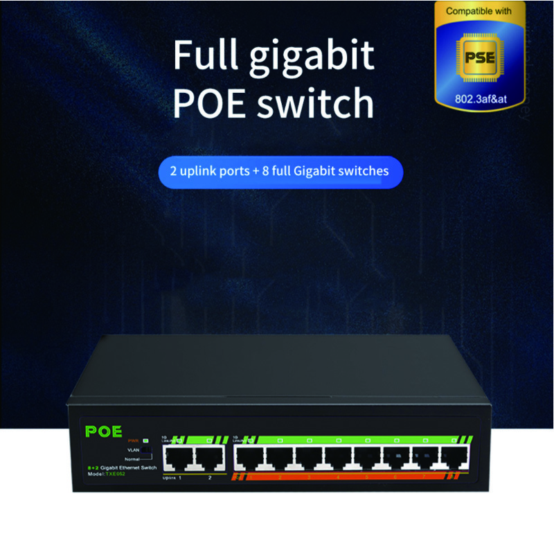 52V Full gigabit 8 + 2 ports unmanaged POE network switch with LED indication for each port