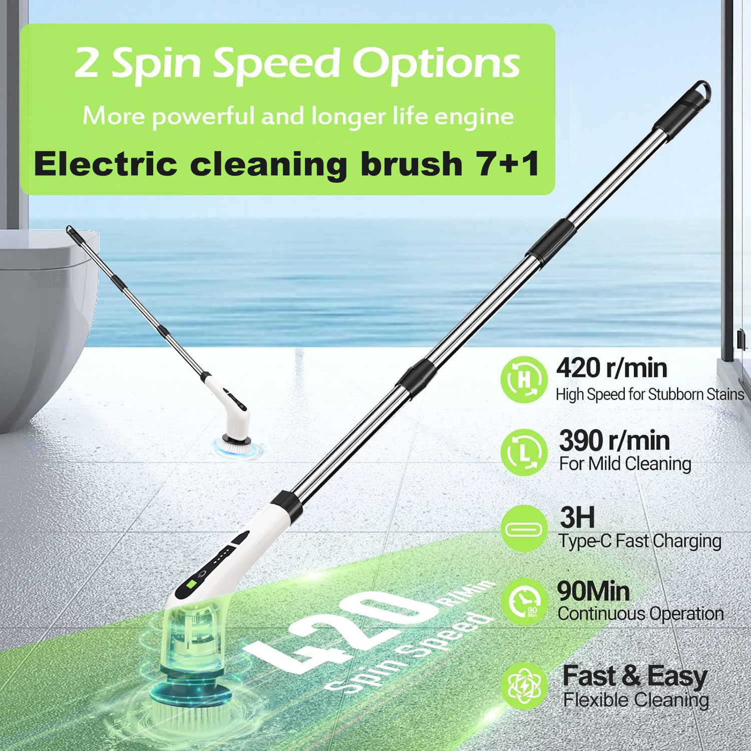 Dish washing gun electric spin scrubber 360 cordless powerful magic brush 7-in-1 handheld kitchen electric cleaning brush