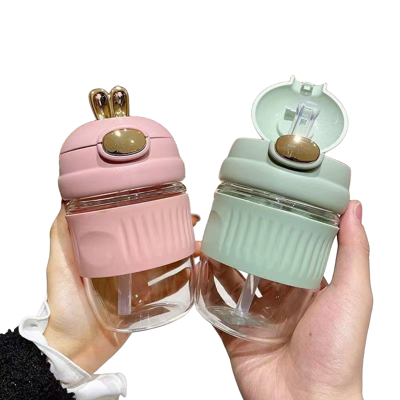 Factory wholesale 400ml New Cute Cartoon Rabbit Water Cup Large Capacity Silicone Straw Cup Portable Glass Coffee Cup 2023