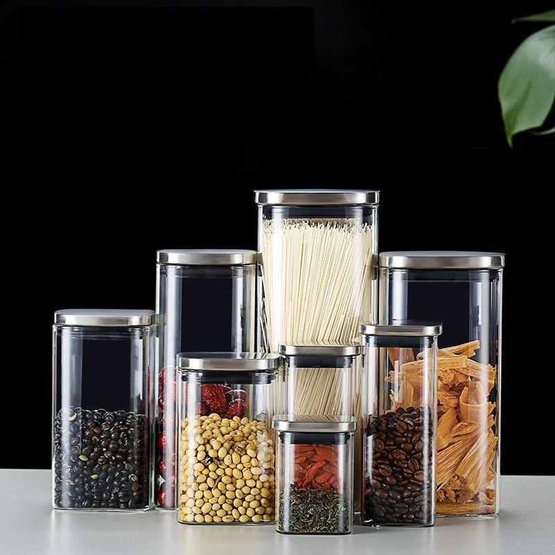 Large Country Style Kitchen Food Spice High Borosilicate Glass Container Storage Jars With stainless steel Lids