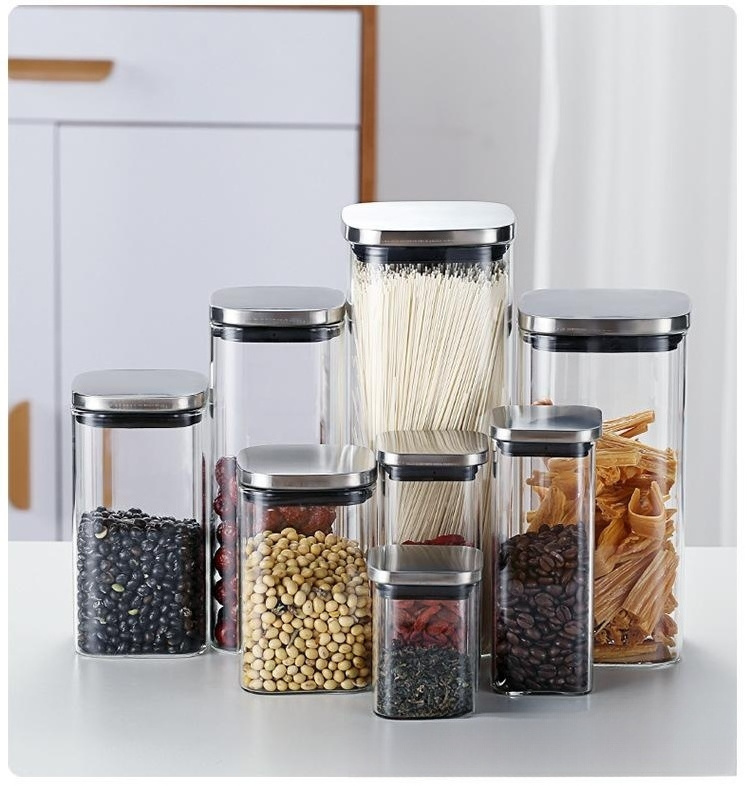 Large Country Style Kitchen Food Spice High Borosilicate Glass Container Storage Jars With stainless steel Lids