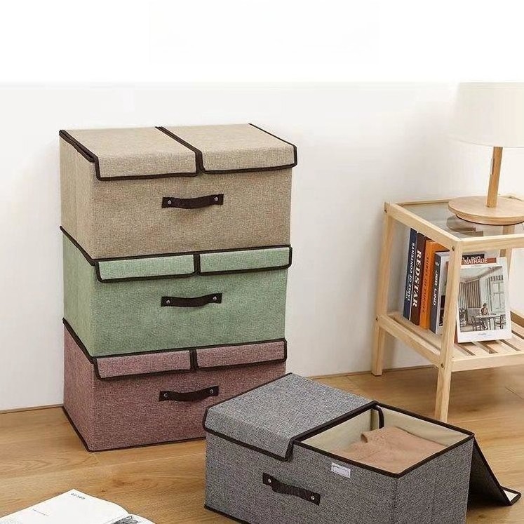 Factory Wholesale Linen Collapsible Box Foldable Fabric Clothing Shelf Organizer Basket Folding Storage Box with Lid