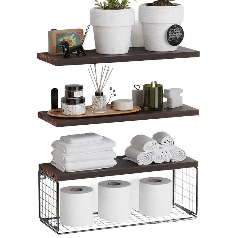 Wall Shelves Set Hanging Rustic Retro Modern Home Decor Metal Rack Book Storage Wood Mounted Floating Wall Shelf For Living Room