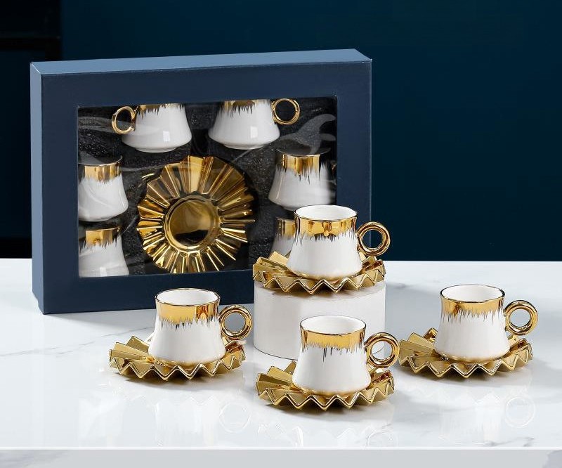 Whosale New Design 90Ml Luxury 6Pcs Set Black Gold Marble Ceramic Mug Custom Logo Coffee Cups And Saucer With Gift Box