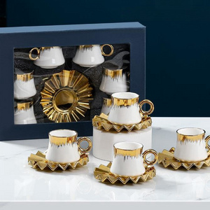 Whosale New Design 90Ml Luxury 6Pcs Set Black Gold Marble Ceramic Mug Custom Logo Coffee Cups And Saucer With Gift Box