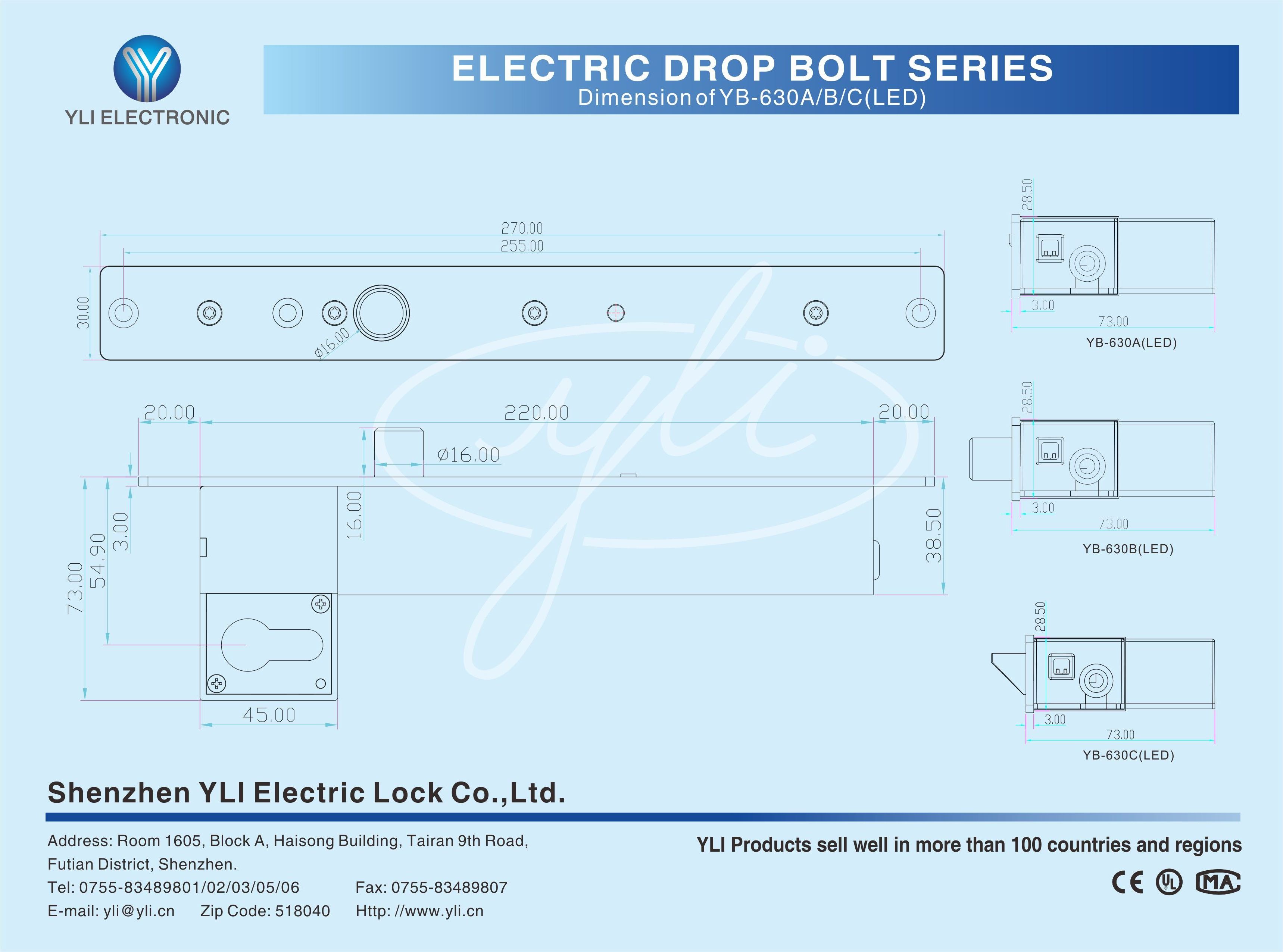 Fail Secure all-metal construction Electric Bolt W/Cylinder and LED YB-630C(LED)