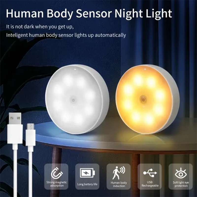 PIR Motion Sensor LED Night Light USB Rechargeable Night Lamp For Kitchen Cabinet Wardrobe Lamp Staircase Wireless Closet Light