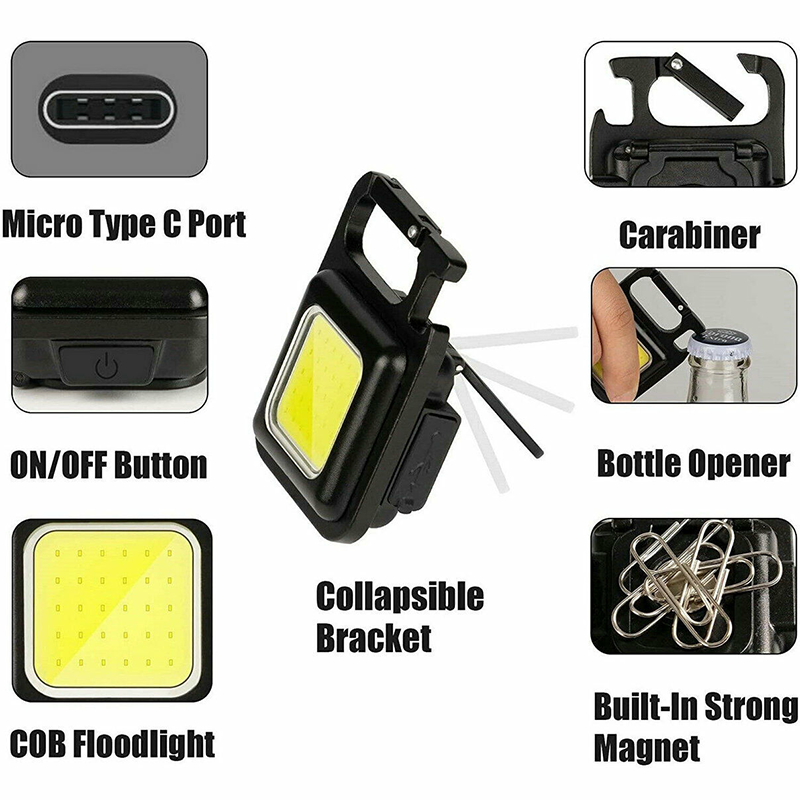 Mini Portable 3 Light Modes Bright USB Flashlights Bright Small Flashlight cob rechargeable keychain light with Bottle Opener