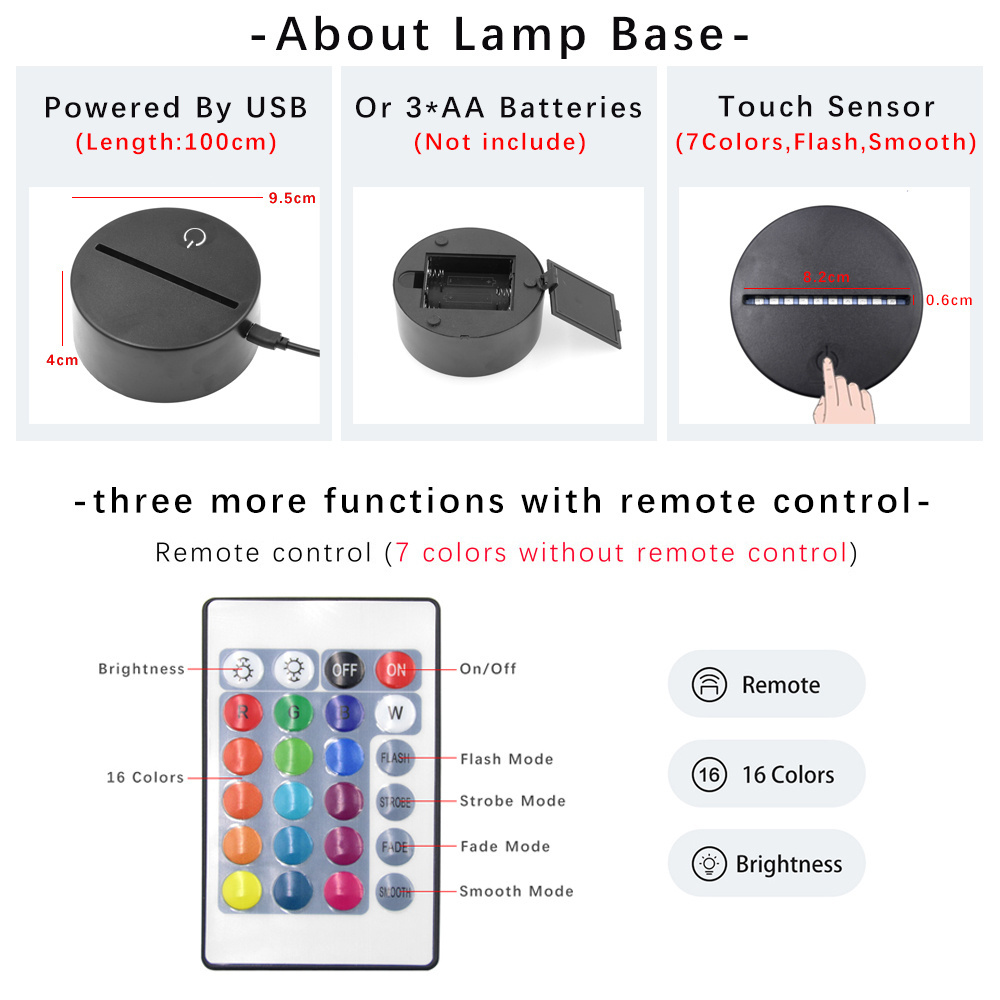 Hot sale custom 16 color changeable 3d led night lamp with remote control 3d creative light for kids gift