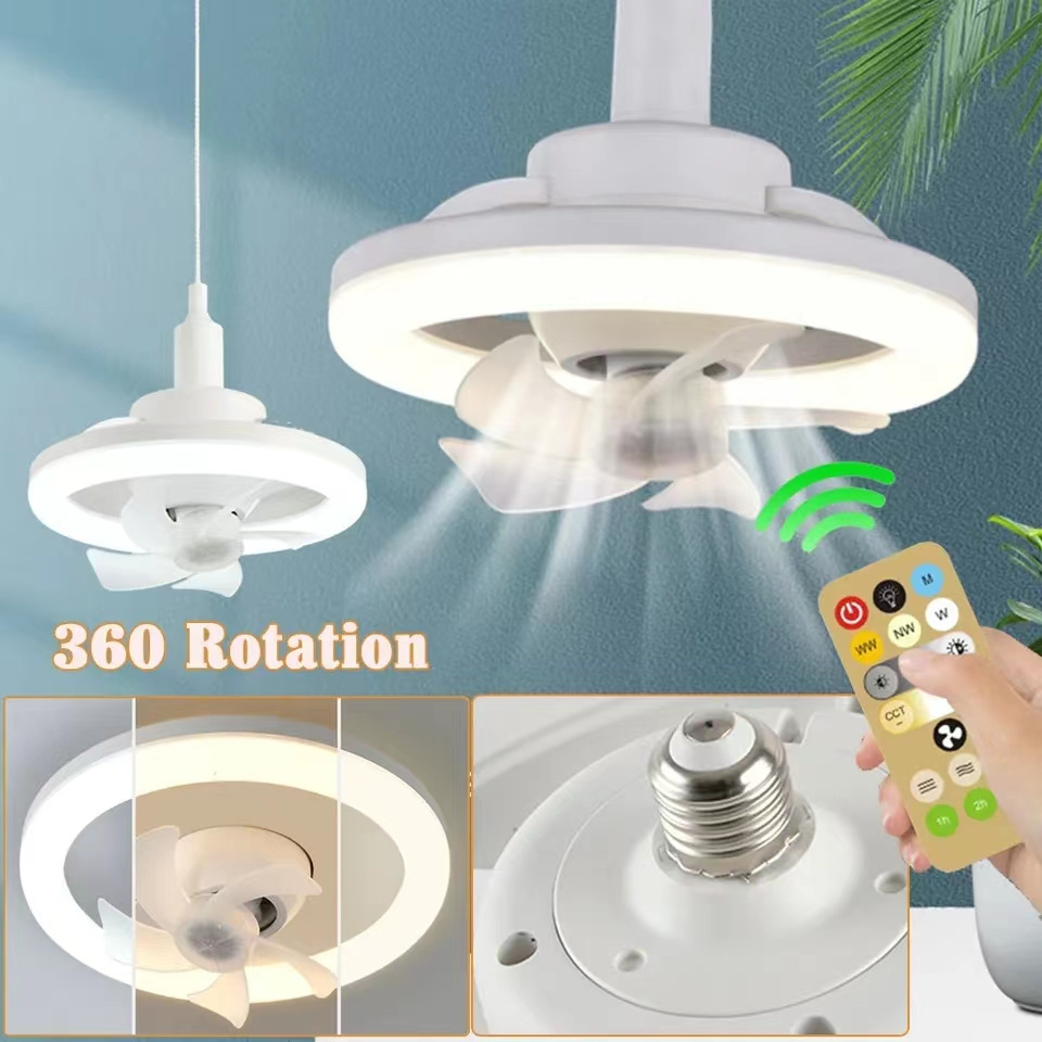 E27 360 Rotating Ceiling Fan With Led Lights Remote Control  3 Light Colors Dimmable Fan Lamp For Living Room Bedroom