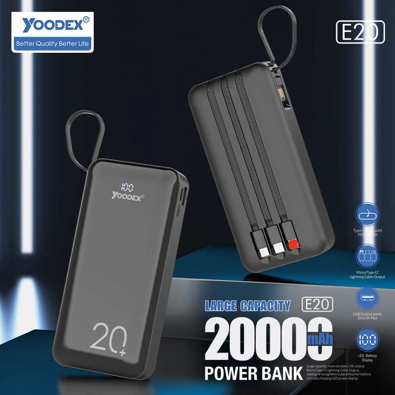 Yoodex E20 Portable 20000mAh Large Capacity Build-in Cable Power Bank with Digital Power Display