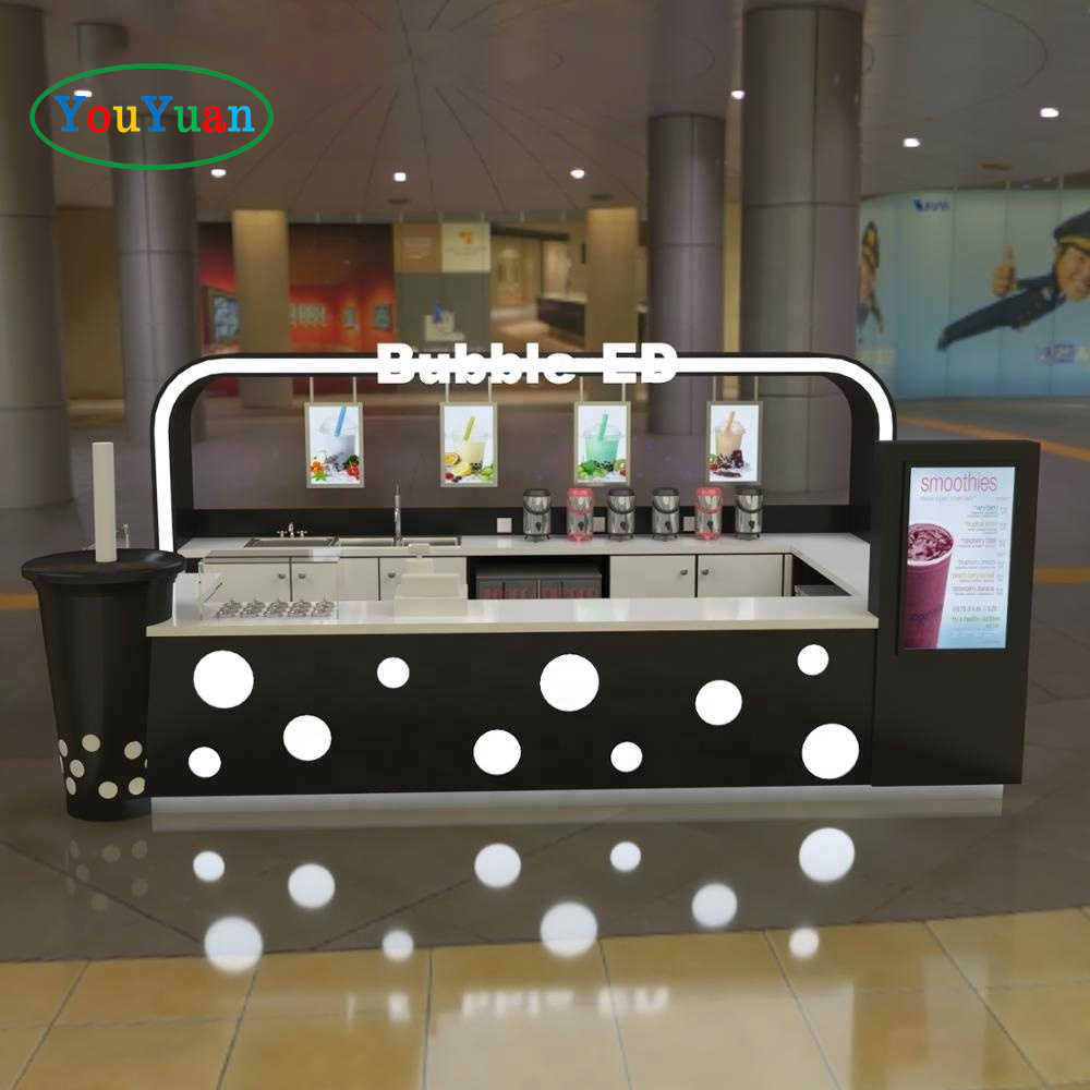 Food kiosks display in malls interior decoration design bubble tea kiosk shop egg waffle display cabinet