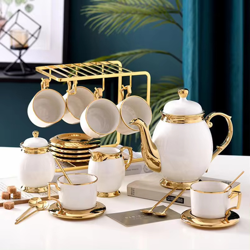 Luxury 8pcs Arabic Gold Frame Porcelain Coffee and Tea Cup Set with Teapot Tray Ceramic Tea Cup & Tumblers without Straw