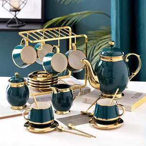 Luxury 8pcs Arabic Gold Frame Porcelain Coffee and Tea Cup Set with Teapot Tray Ceramic Tea Cup & Tumblers without Straw