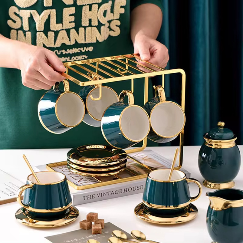 Luxury 8pcs Arabic Gold Frame Porcelain Coffee and Tea Cup Set with Teapot Tray Ceramic Tea Cup & Tumblers without Straw