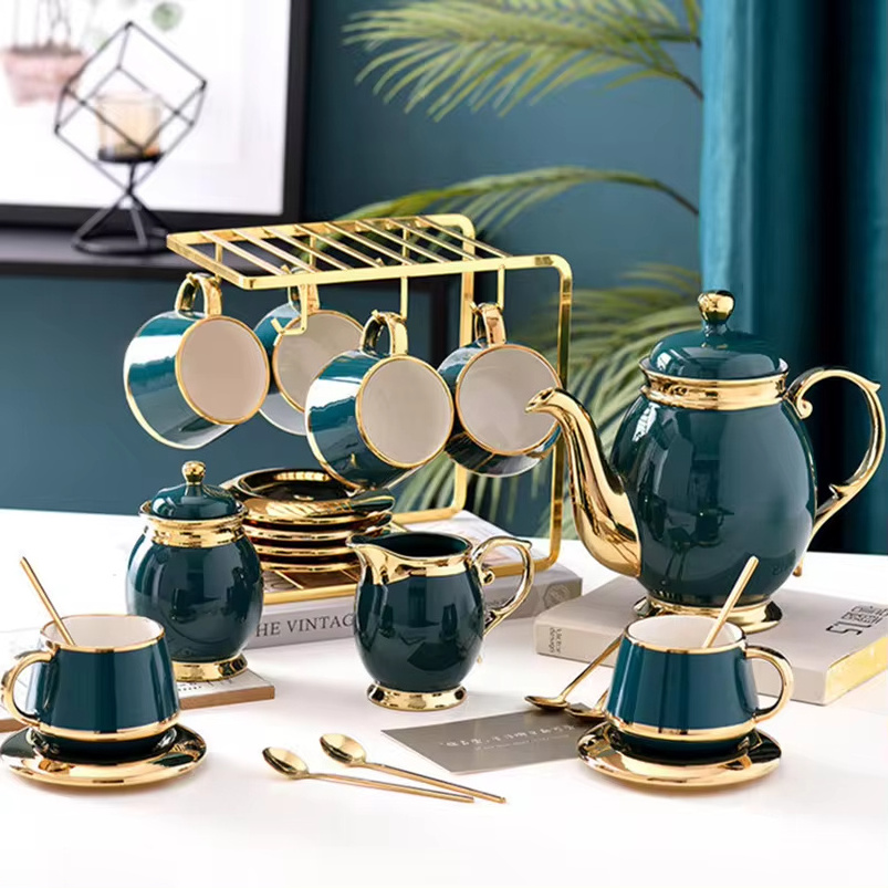 Luxury 8pcs Arabic Gold Frame Porcelain Coffee and Tea Cup Set with Teapot Tray Ceramic Tea Cup & Tumblers without Straw