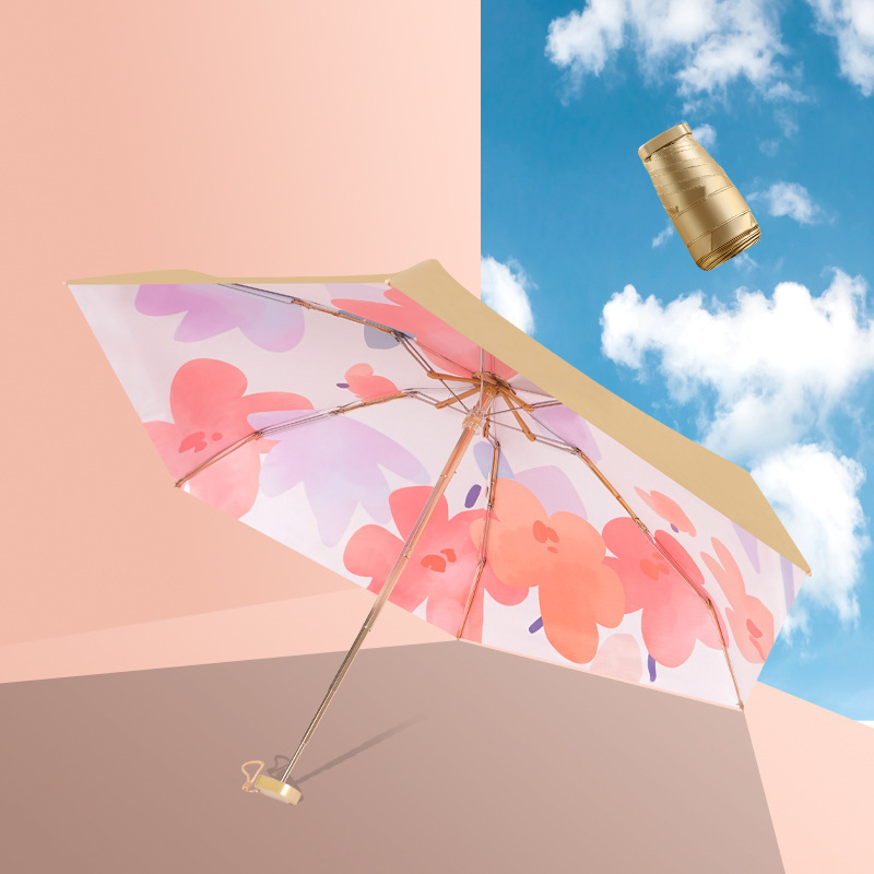 Japanese Mini Six-Fold Flat Gold Umbrella for Women Sun Protection with UV Gel Capsule Business Style Customizable Logo Printing