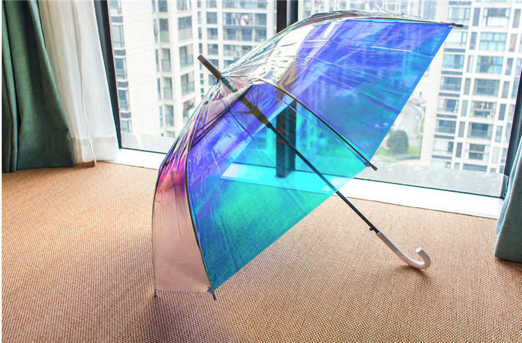 Magic Color Laser Rainbow Transparent POE Reflective Umbrella Automatic Straight Rod Colorful Design Rainy Logo