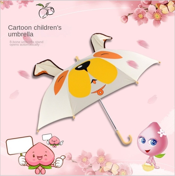 Creative Cartoon Children's Wind-Resistant Straight Umbrella with Long Handle Curved Hook Custom Logo Printed Spring Rainy Days