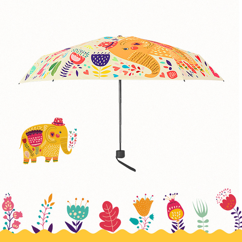 Cartoon Elephant 50% Fold Black Rubber Sunshade Thickened UV Protection Sun Umbrella 6K Manual Control Panels Customizable Logo