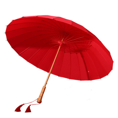 Lace Embroidered Edge Chinese Style 24 Bone Red Wedding Umbrella Bride's Big Red Umbrella Long Wooden 8K Customizable Logo