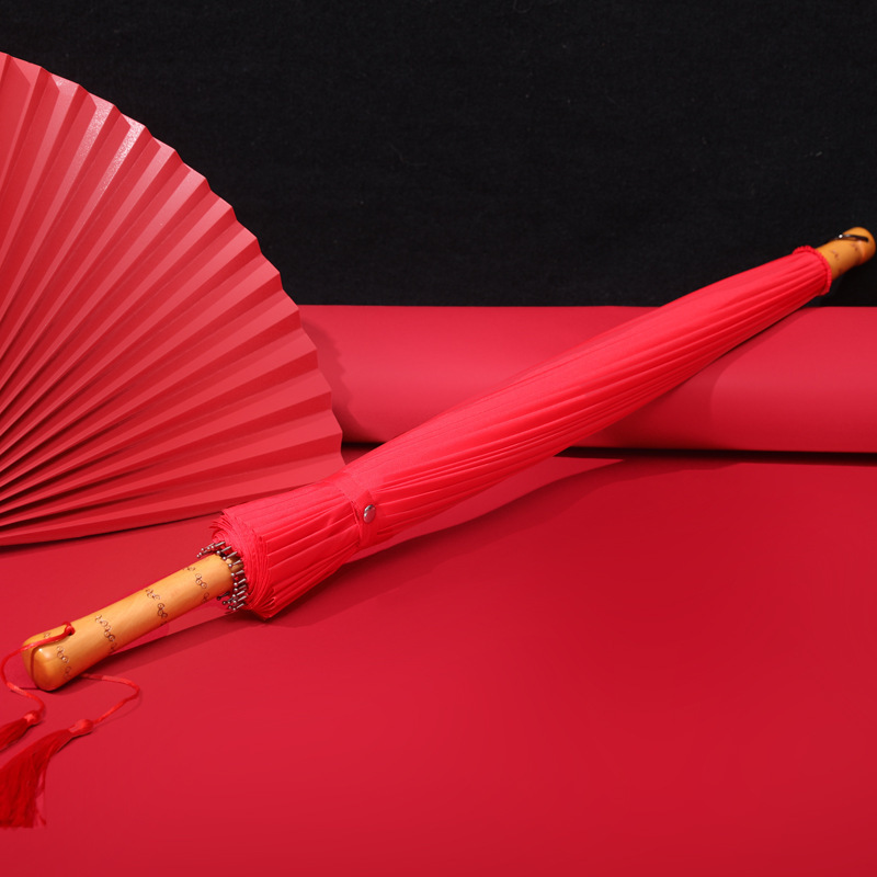 Lace Embroidered Edge Chinese Style 24 Bone Red Wedding Umbrella Bride's Big Red Umbrella Long Wooden 8K Customizable Logo