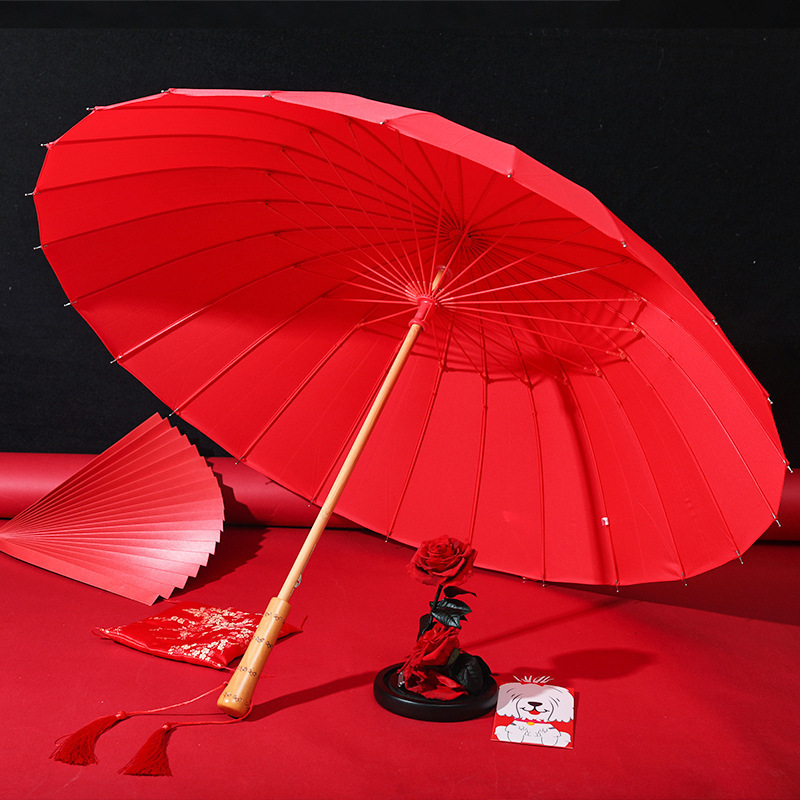 Lace Embroidered Edge Chinese Style 24 Bone Red Wedding Umbrella Bride's Big Red Umbrella Long Wooden 8K Customizable Logo