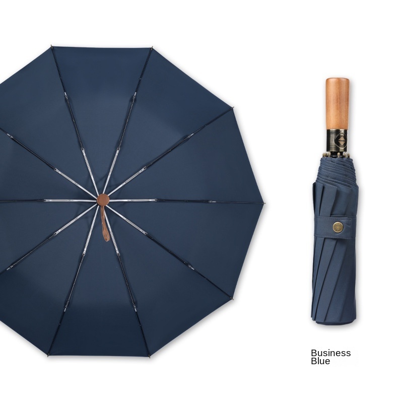 Three-fold Umbrella Men's Business Solid Wood 10-bone Folding Fully Automatic Umbrella Black Glue Sunny and Rainy Umbrella