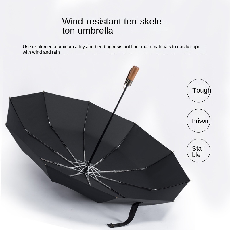 Three-fold Umbrella Men's Business Solid Wood 10-bone Folding Fully Automatic Umbrella Black Glue Sunny and Rainy Umbrella