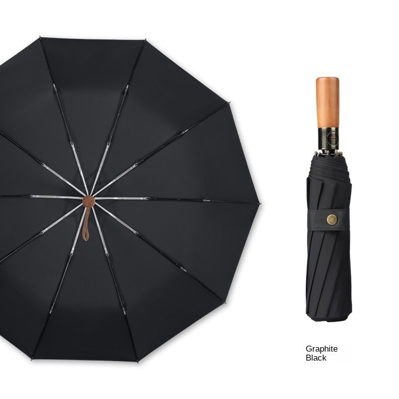 Three-fold Umbrella Men's Business Solid Wood 10-bone Folding Fully Automatic Umbrella Black Glue Sunny and Rainy Umbrella