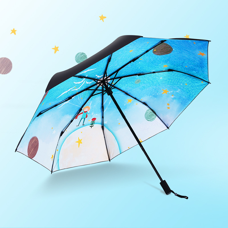 8-Bone Cartoon Umbrella for Adults Three-Fold Black Rubber Sun-Protection Rain-Proof Manual Control Customizable Logo Printing