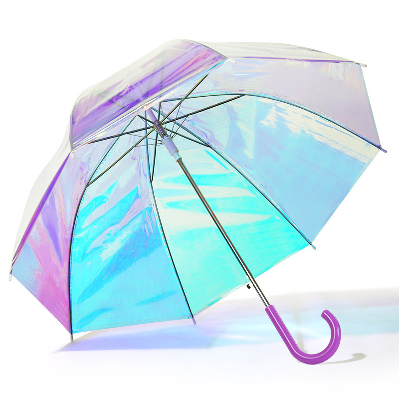 Magic Color Laser Rainbow Transparent POE Reflective Umbrella Automatic Straight Rod Colorful Design Rainy Logo