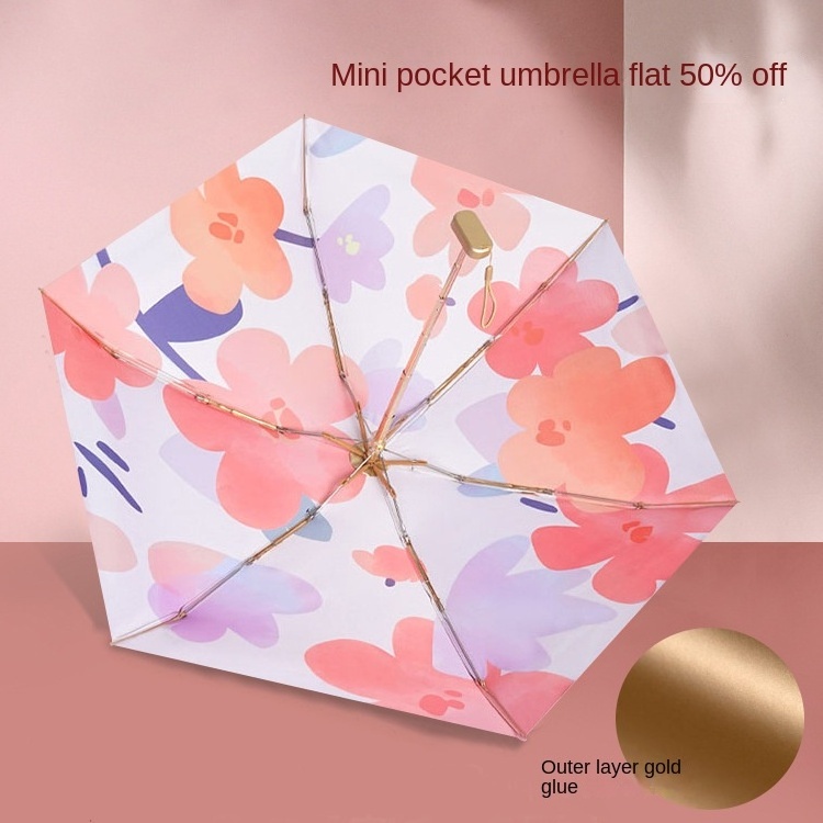 Japanese Mini Six-Fold Flat Gold Umbrella for Women Sun Protection with UV Gel Capsule Business Style Customizable Logo Printing