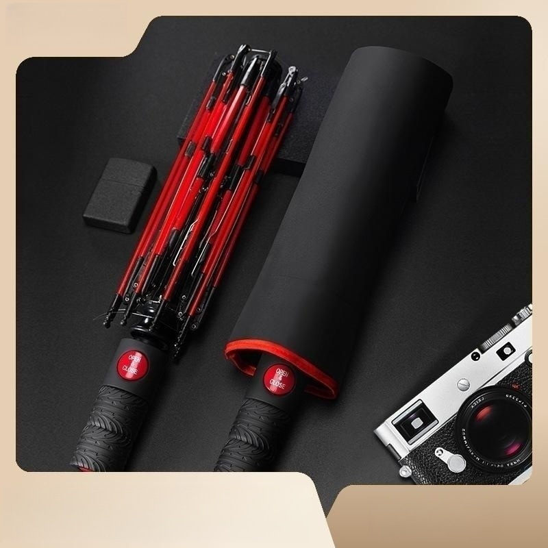 Men's Three-fold 8-Bone Red Fiber Full-Automatic Sunscreen and Rainproof Dual-Purpose Umbrella with Custom Logo Printing