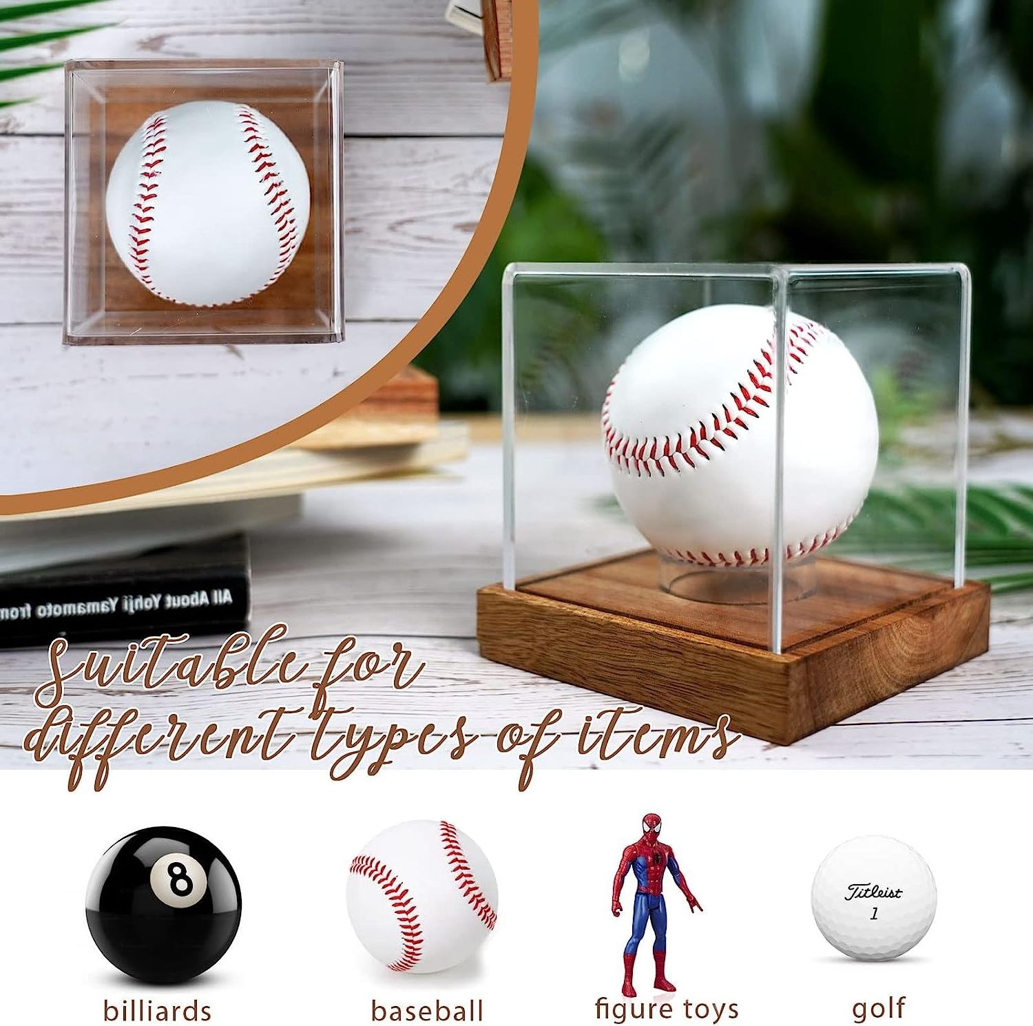 Wood Base Clear Cube Baseball Holder Autograph Baseball Stand Box Square Acrylic Baseball Display Case With Perspex Ring Holder